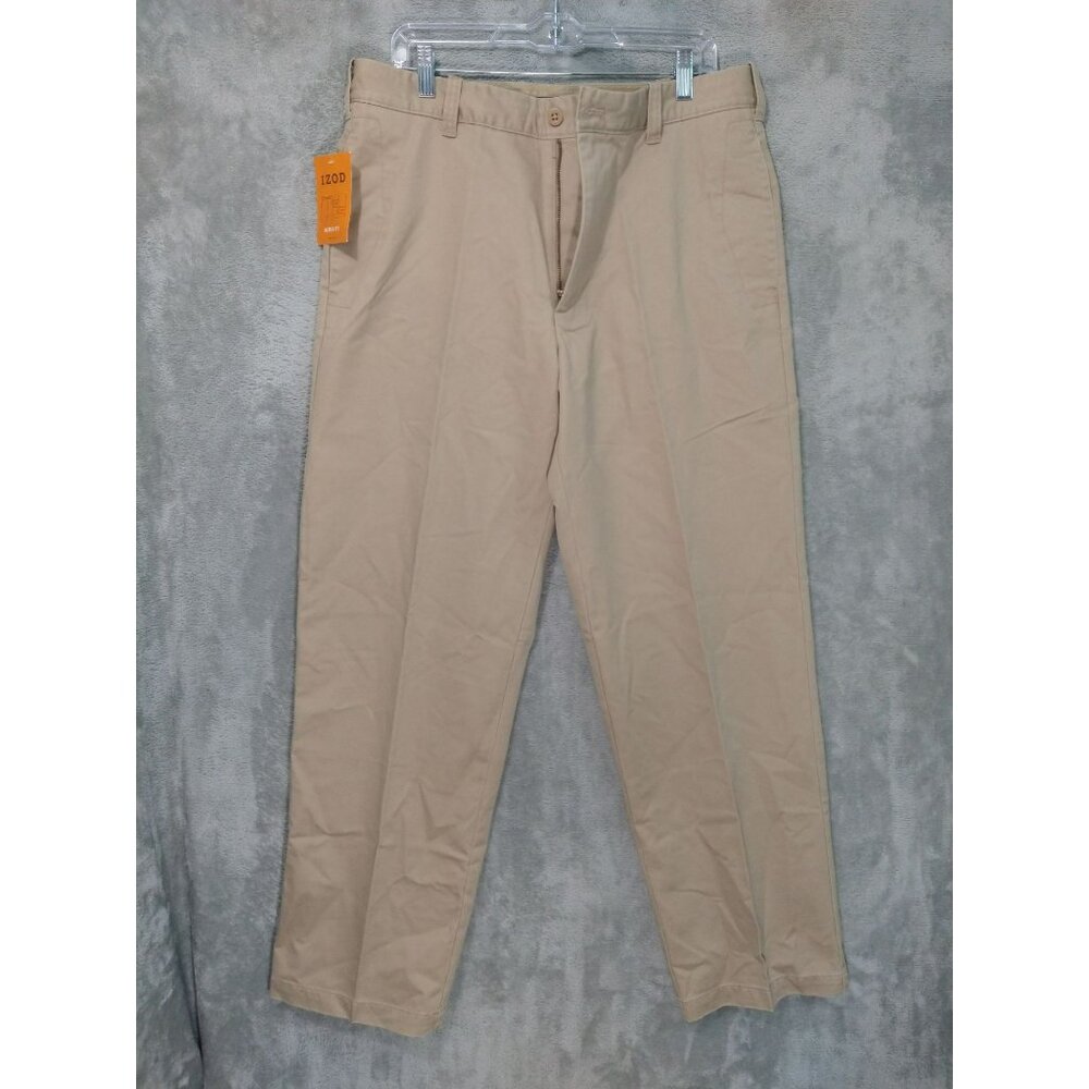 IZOD Pants Mens 34x32 Beige Chino Flat Front Metrix Fit Twill Easy Care Cotton